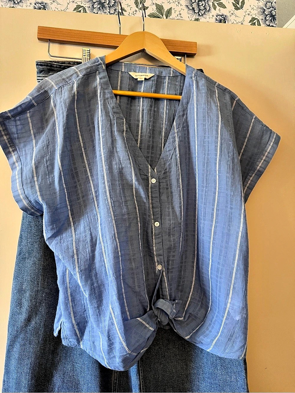 Lucky Brand Striped Button Front Tie Hem Blue & Gray XL